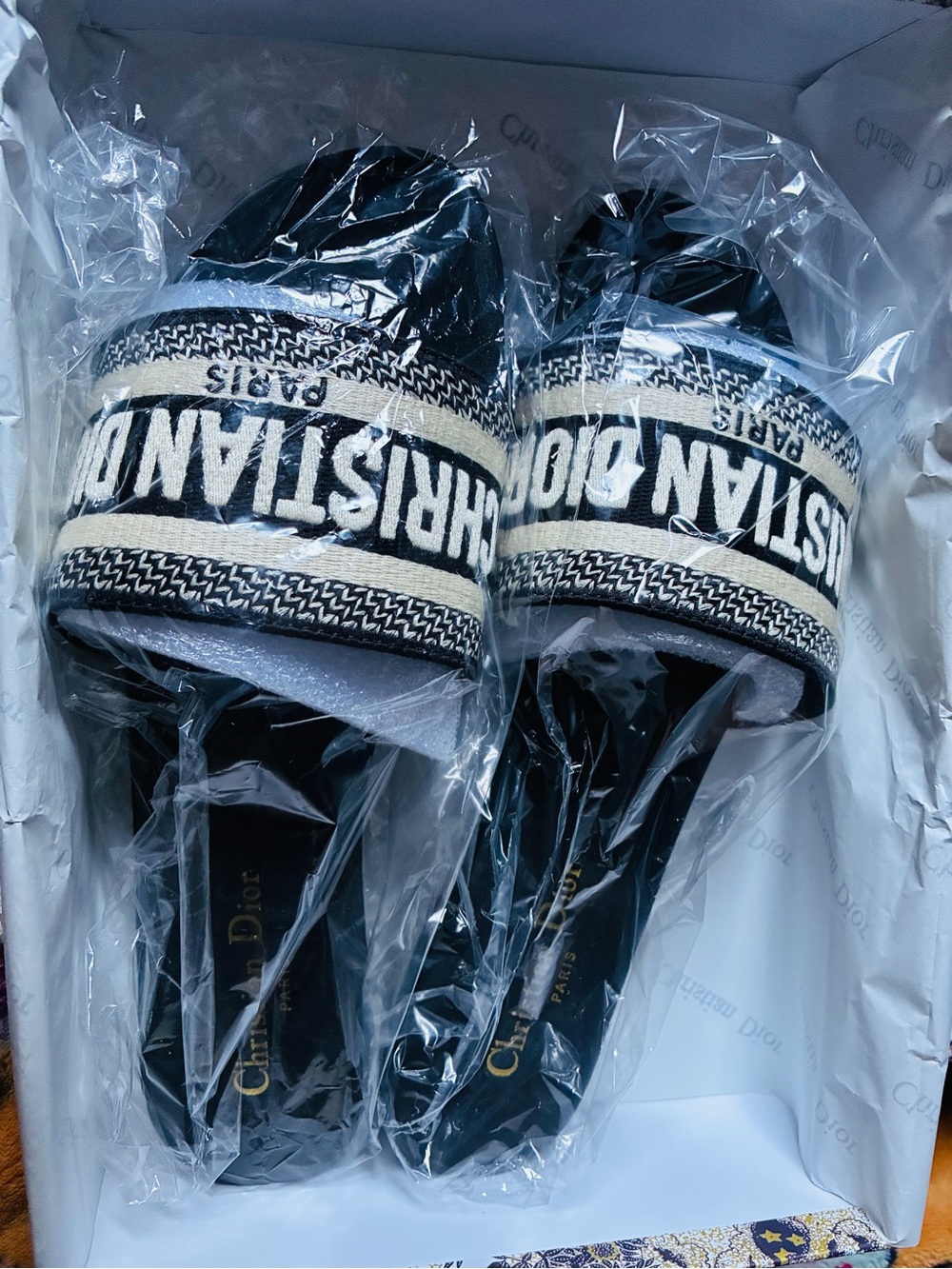 Dior Black and Cream Embroidered Logo Slide Sandals - Picture 1 of 2